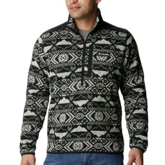 Columbia Sweater Weather Men Med Black Snow Snowflakes Ski Holiday Half Zip Nwt